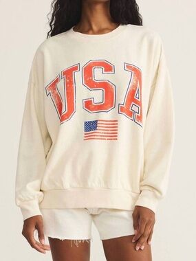 Z SUPPLY USA American Flag Cream Crewneck Sweatshirt Size XS